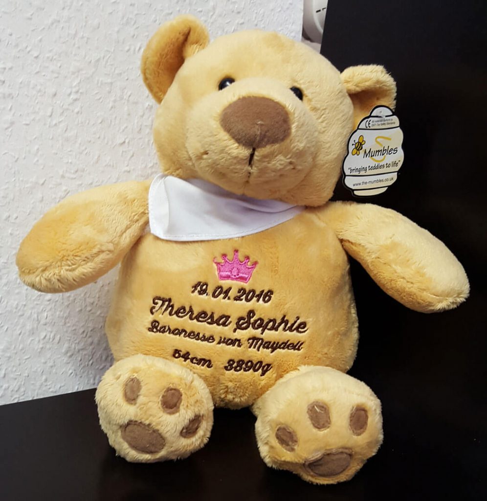 Teddy mit Namen und Geburtsdaten und Motiv Krone