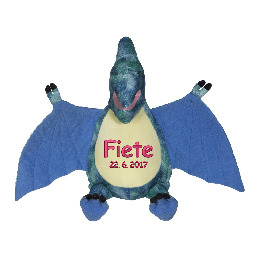 Plüschtier Dino Pierce mit Namen und Geburtsdatum bestickt