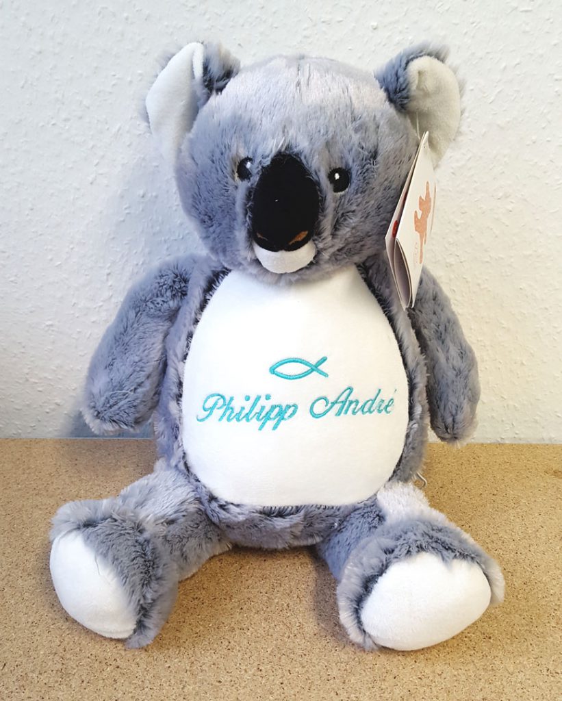 Plüschtier Koala mit Namen und Taufsymbol Fisch
