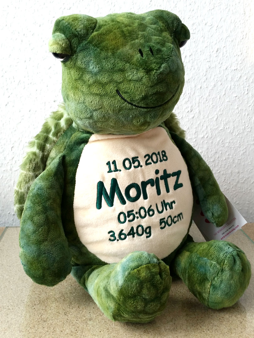 Plüschtier Schildkröte mit Namen, Geburtsdatum, Uhrzeit, Gewicht und Größe