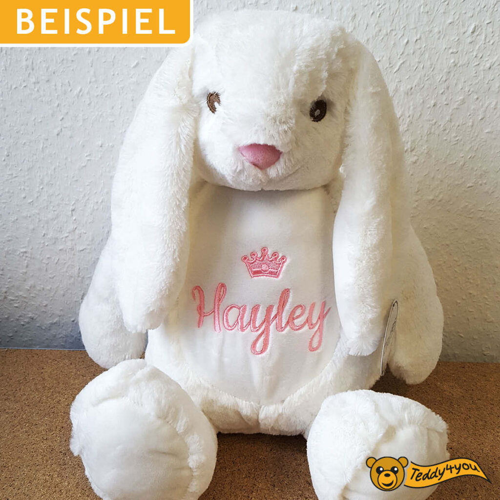 Plüschtier Schlappohrhase mit Namen und Krönchen bestickt