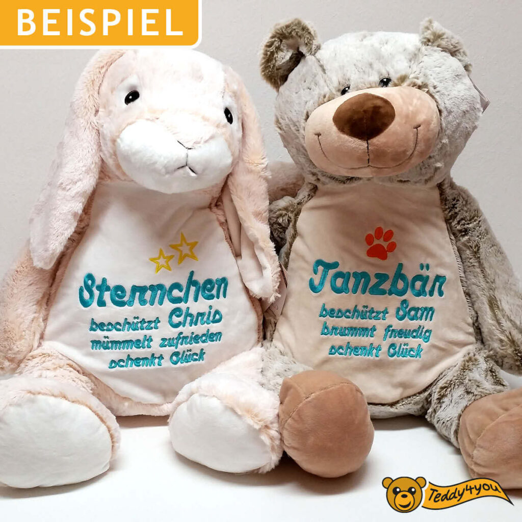 Plüschtier Hase und Teddy mit Namen und Text bestickt