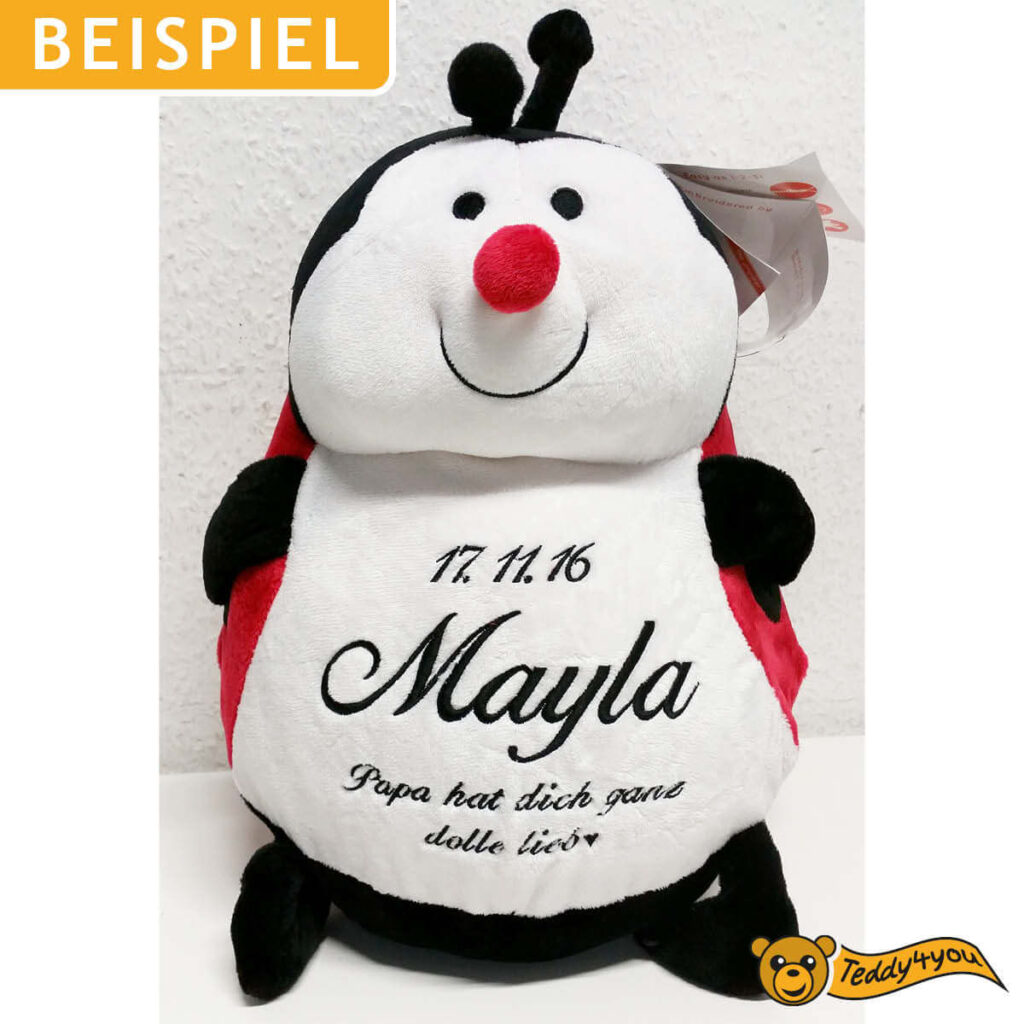 Plüschtier Marienkäfer mit Namen und Geburtsdatum bestickt