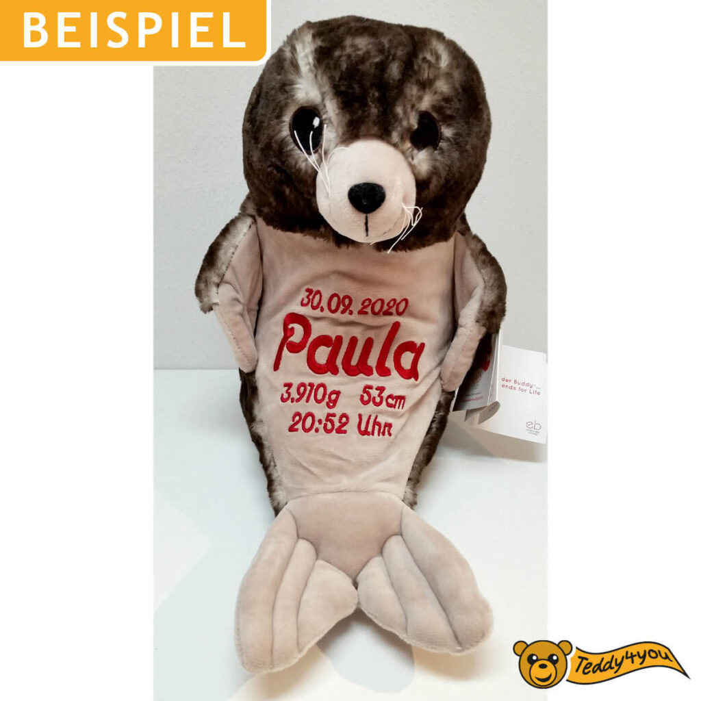 Plüschtier Robbe mit Name und Geburtsdatum