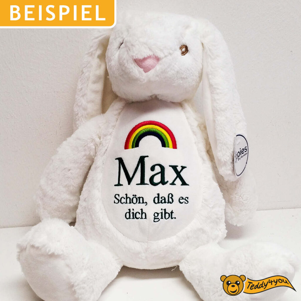 Plüschtier Schlappohrhase mit Namen und Regenborgen bestickt