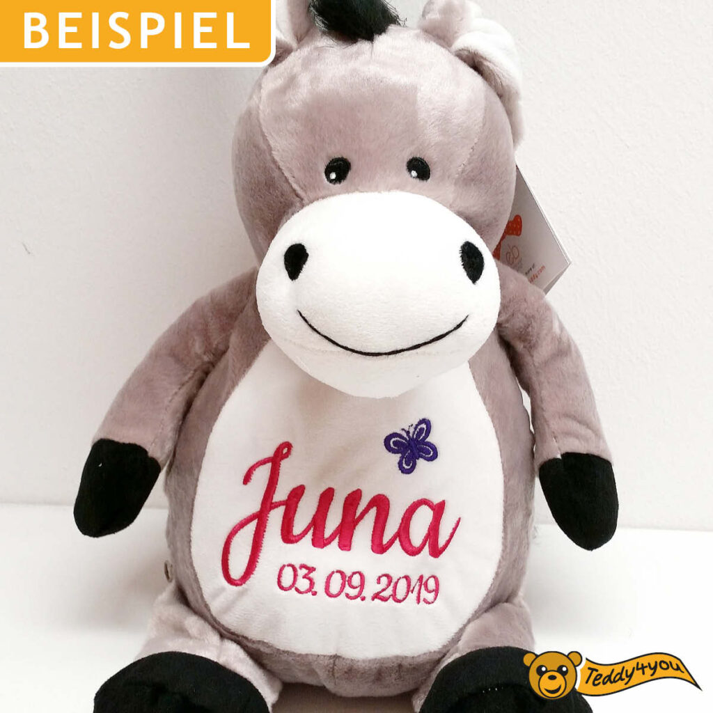 Plüschtier Esel mit Namen und Schmetterling bestickt