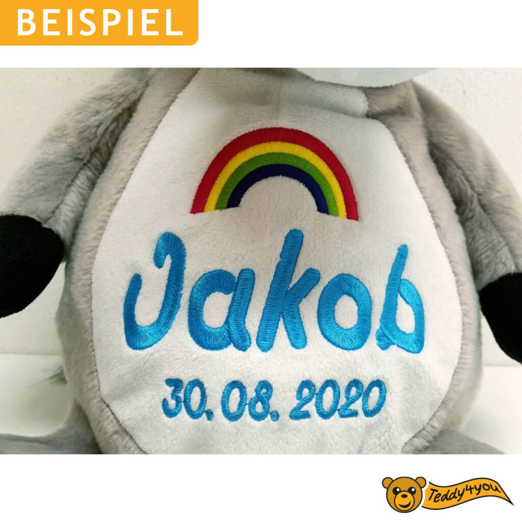 Esel mit Namen und Regenbogen bestickt