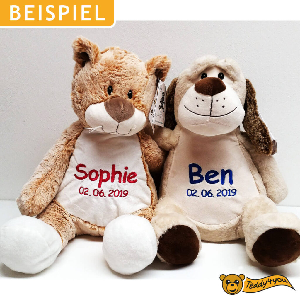 Kuscheltier mit Namen bestickt - Geschenk Füßle baden
