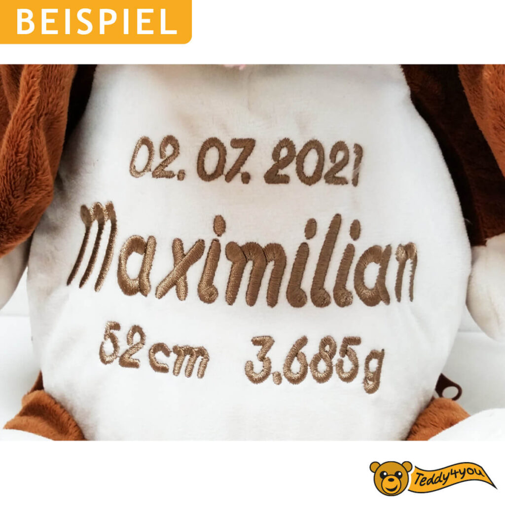 Hund mit Name und Geburtsdaten bestickt im Detail