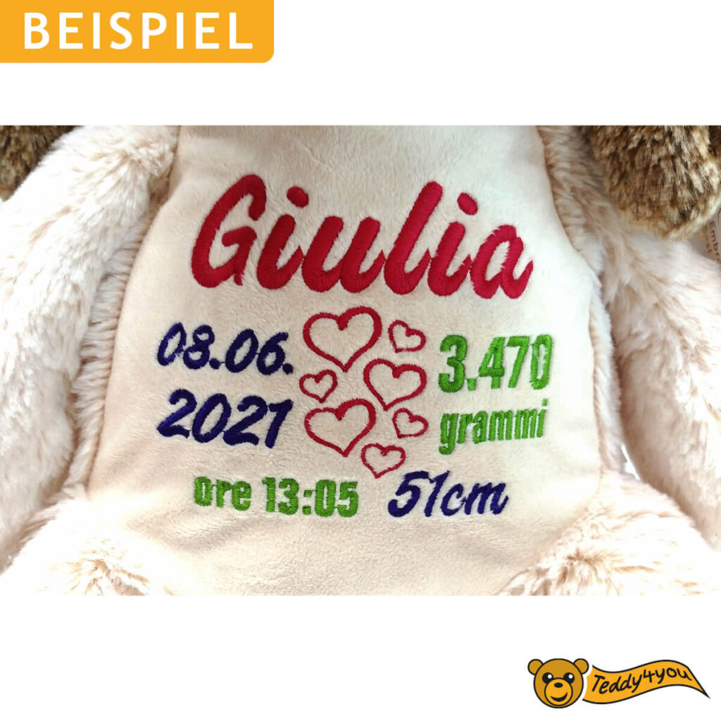 Hund mit Name und Geburtsdaten bestickt