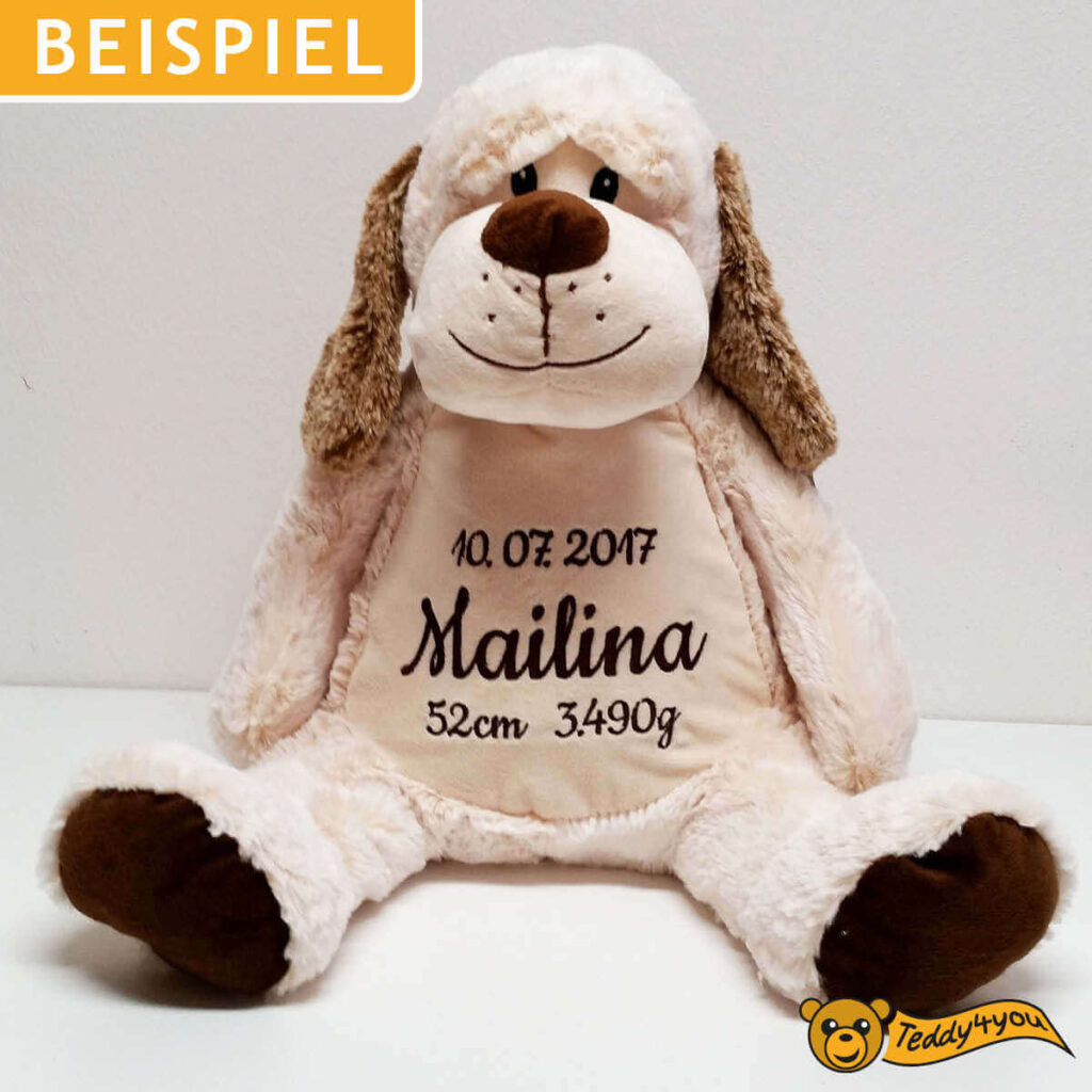 Plüschtier Hund mit Name und Geburtsdaten bestickt