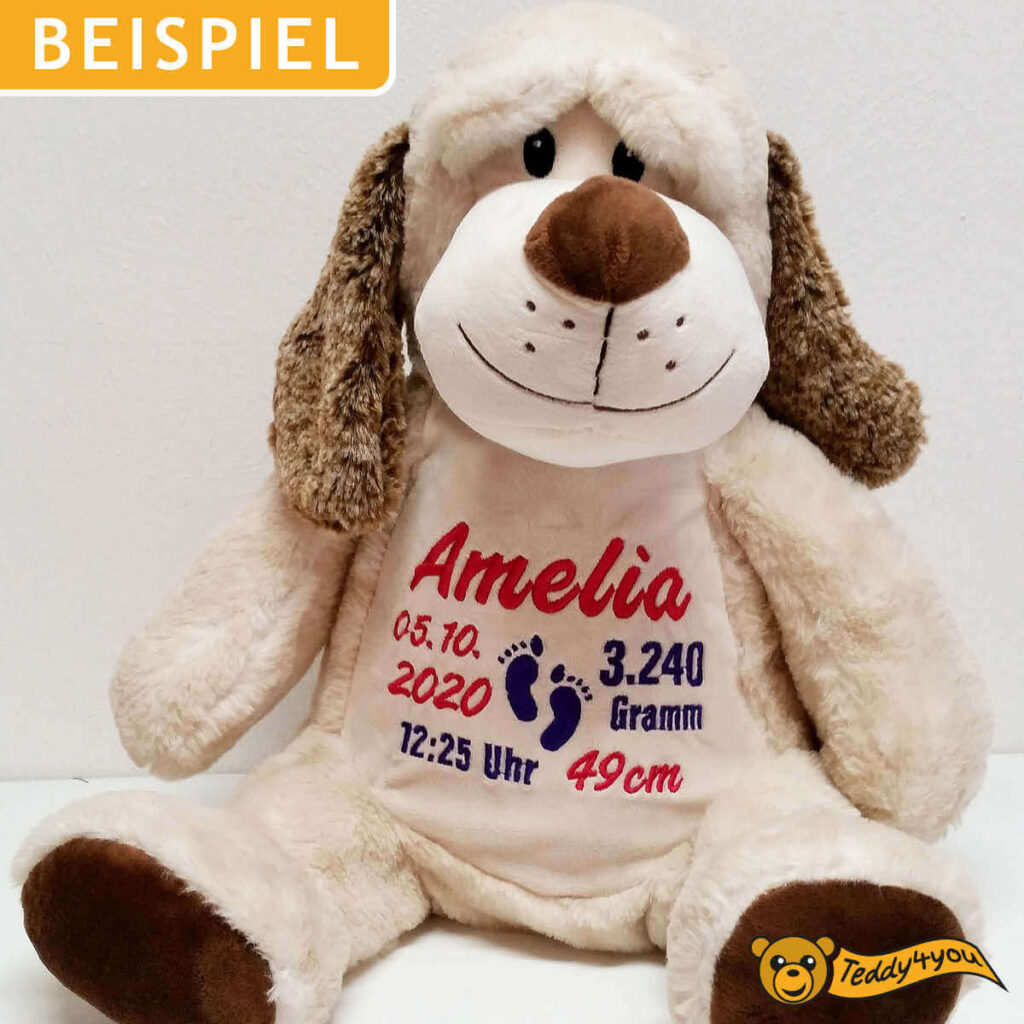 Plüschtier Hund mit Name und Geburtsdaten