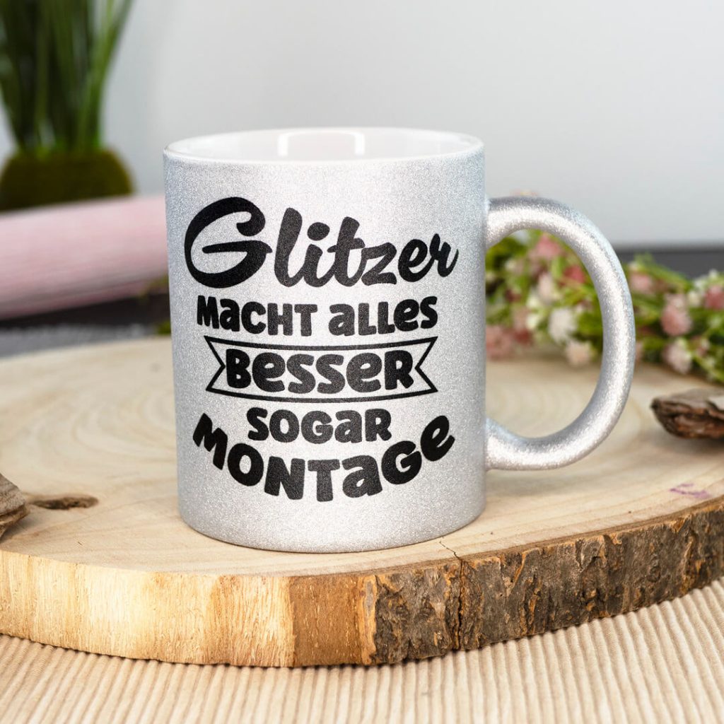 Glitzertasse Silber mit Gute-Laune-Spruch