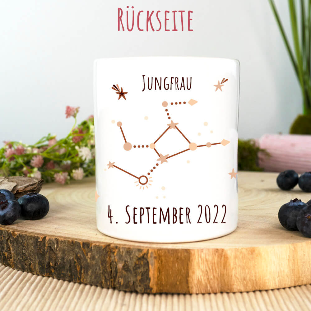 Rückseite: Spardose Sternzeichen Jungfrau mit Sternenkonstellation und Geburtsdatum