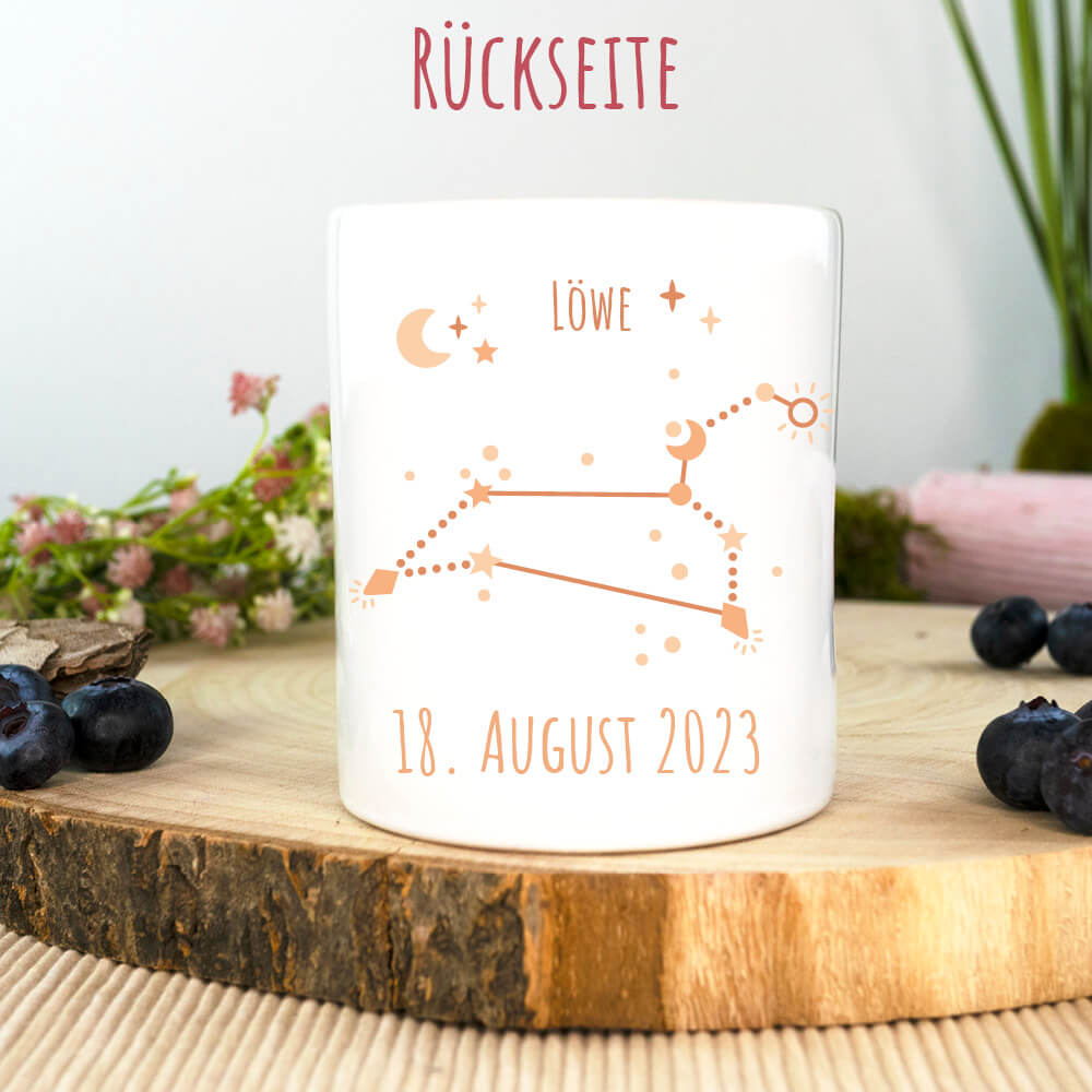 Rückseite: Spardose Sternzeichen Löwe mit Sternenkonstellation und Geburtsdatum