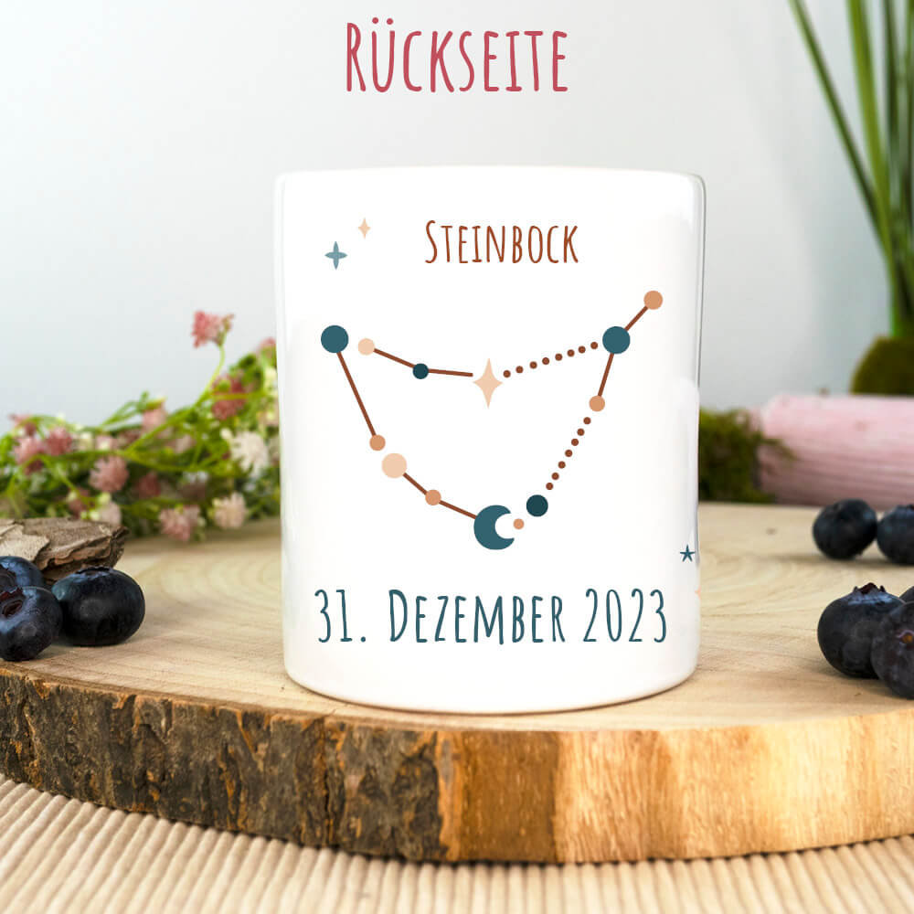 Rückseite: Spardose Sternzeichen Steinbock mit Sternenkonstellation und Geburtsdatum