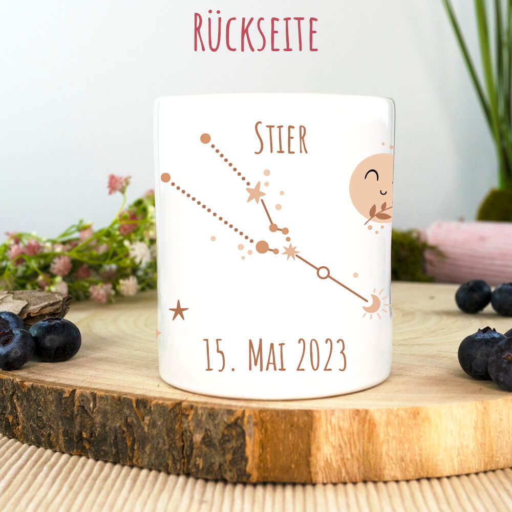 Rückseite: Spardose Sternzeichen Stier mit Sternenkonstellation und Geburtsdatum