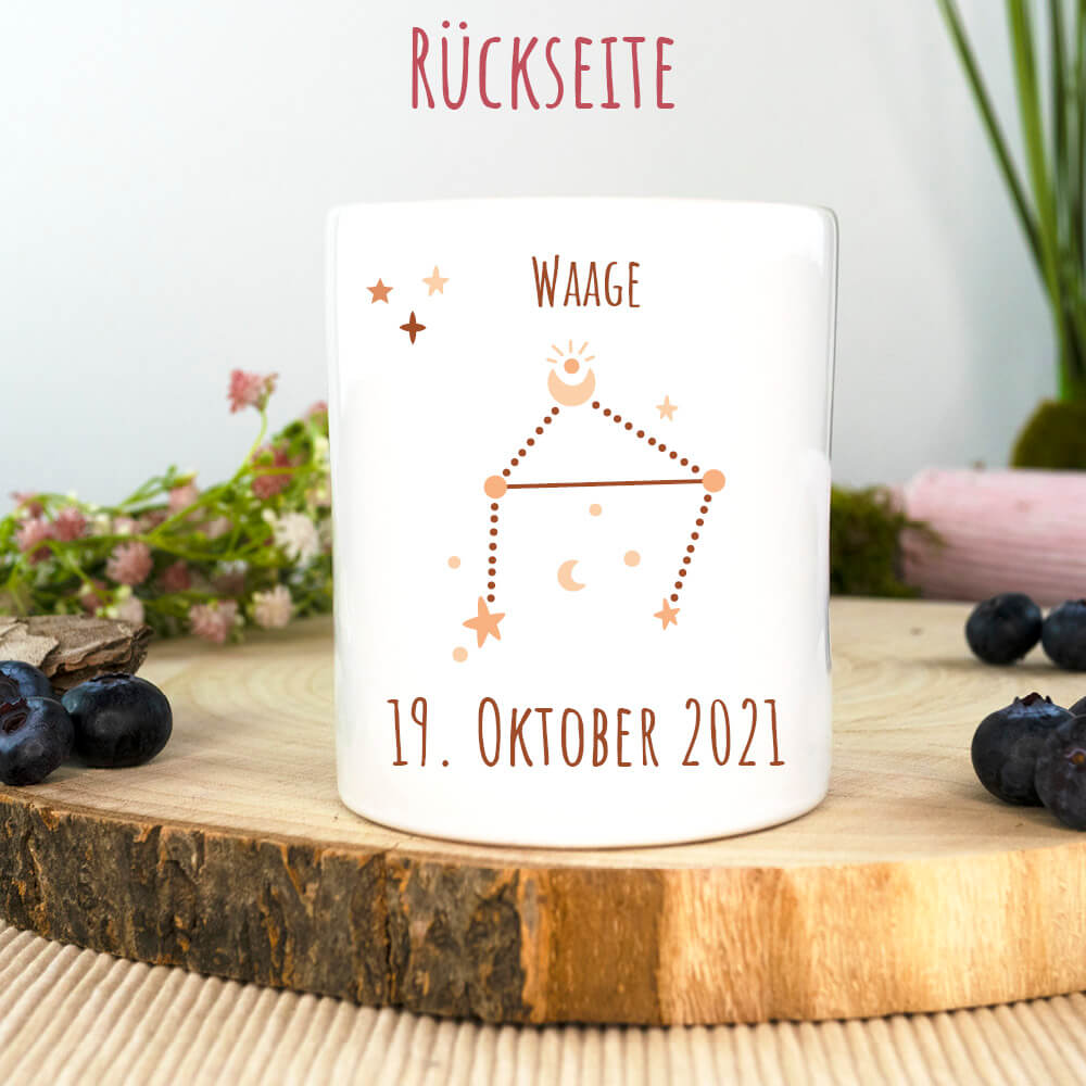 Rückseite: Spardose Sternzeichen Waage mit Sternenkonstellation und Geburtsdatum
