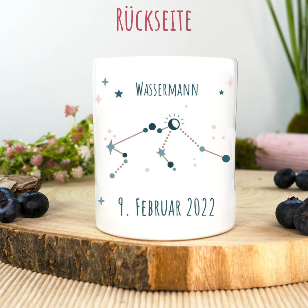 Rückseite: Spardose Sternzeichen Wasserman mit Sternenkonstellation und Geburtsdatum