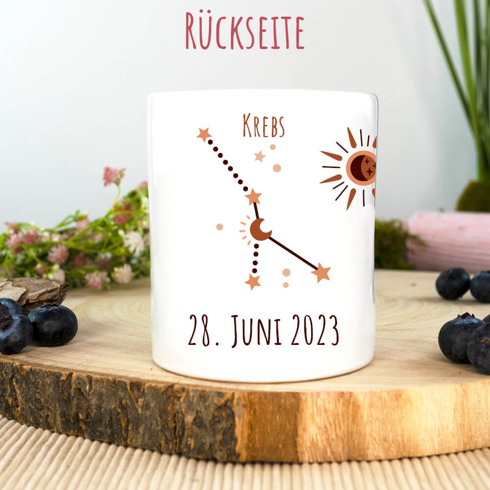 Rückseite: Spardose Sternzeichen Krebs mit Sternenkonstellation und Geburtsdatum