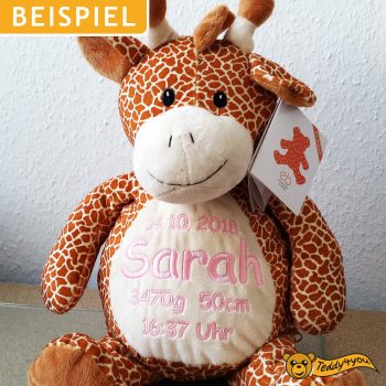 Kuscheltier Giraffe mit Namen und Text - Beispiel