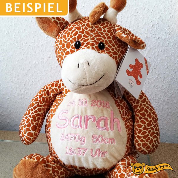 Kuscheltier Giraffe mit Namen und Text - Beispiel