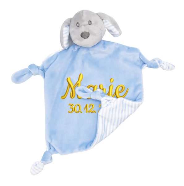Schmusetuch mit Namen - Baby Schmusetuch Hund Benno mit Rasselgeräusch | blau | 24 cm